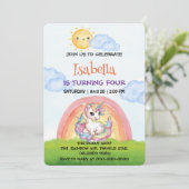 Niedliche Einhorn Regenbogensonne Himmel Geburtsta Einladung (Stehend Vorderseite)