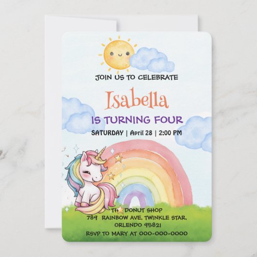 Niedliche Einhorn Regenbogensonne Himmel Geburtsta Einladung (Vorderseite)