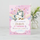 Niedliche Einhorn-Regenbogenstars Herzens Geburtst Einladung (Stehend Vorderseite)
