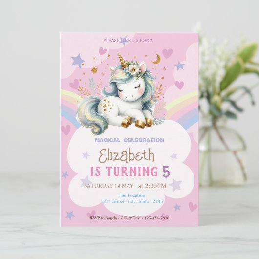 Niedliche Einhorn-Regenbogenstars Herzens Geburtst Einladung (Stehend Vorderseite)