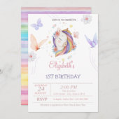 Niedliche Einhorn-Schmetterlinge Farbenfrohe Strei Einladung (Vorne/Hinten)