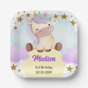 Niedliche Einhorn- und Goldstars Geburtstag Pappteller