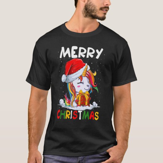 Niedliche Einhorn-Weihnachtsmannmütze Frohe Weihna T-Shirt (Vorderseite)