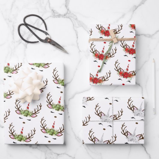Niedliche Einhorn Weihnachtspatter Rotes Grün Geschenkpapier Set (Vorderseite)