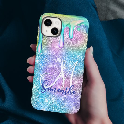 Niedliche Einhornblauer Rosa Glitzer Tropfen Monog Case-Mate iPhone Hülle