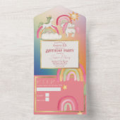 Niedliche Einhörner auf einem Regenbogen All In One Einladung (Innen Boden)