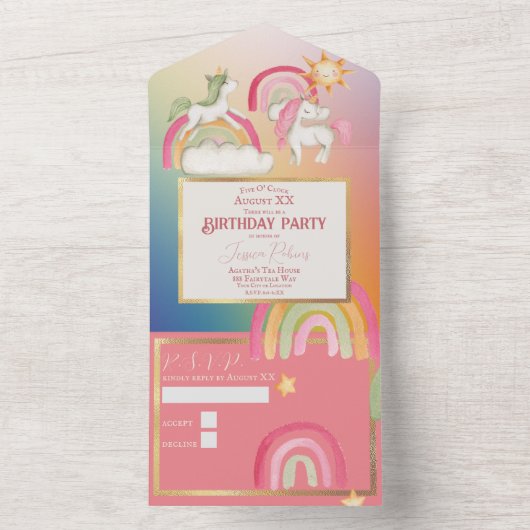 Niedliche Einhörner auf einem Regenbogen All In One Einladung (Innen Boden)