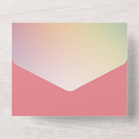 Niedliche Einhörner auf einem Regenbogen All In One Einladung (Rückseite)