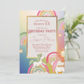 Niedliche Einhörner auf Regenbogen und Sternen Einladung (Stehend Vorderseite)