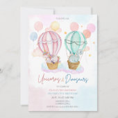 Niedliche Einhörner und Dinosaurier zum Geburtstag Einladung (Vorderseite)