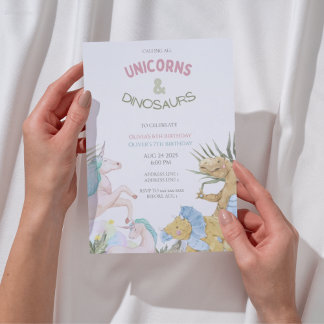 Niedliche Einhörner und Dinosaurier zum Geburtstag Einladung