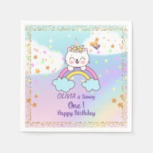 Niedliche Einhornkatze auf Regenbogenstars 1. Gebu Serviette