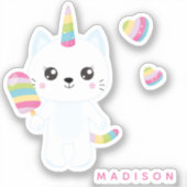 Niedliche Einhornkatze mit Regenbogenherzen Aufkleber (Vorderseite)