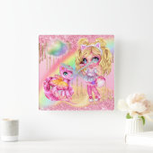 Niedliche Einhornmärchen-Fee Regenbogen-Glitzer-Fa Quadratische Wanduhr (Zuhause)