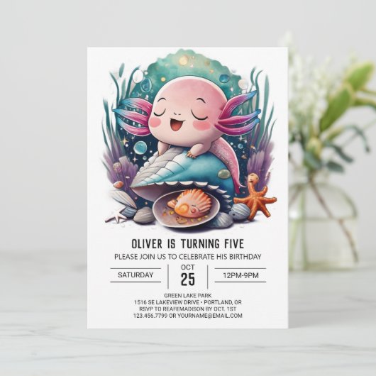 Niedliche Einladung von Axolotl zum Geburtstag (Stehend Vorderseite)