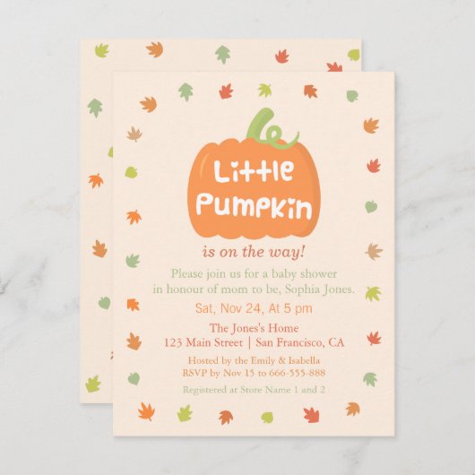 Niedliche Einladungen für kleine Pumpkin-Babydusch (Vorne/Hinten)