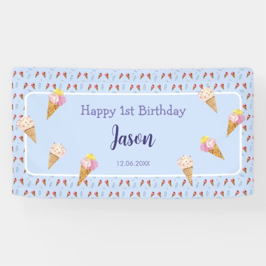 Niedliche Eiscreme Cone Blue Kinder Junge Geburtst Banner (Horizontal)