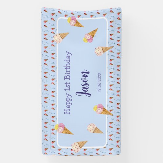 Niedliche Eiscreme Cone Blue Kinder Junge Geburtst Banner (Vertikal)