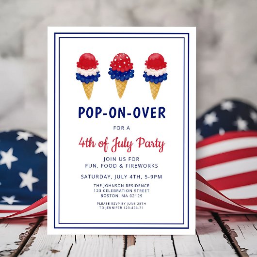 Niedliche Eiscreme, rot, weiß und blau 4. Juli Einladung