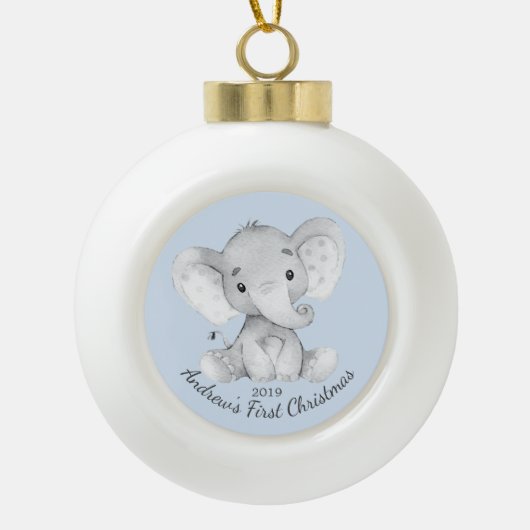 Niedliche Elefant Baby Boys Erstes Weihnachtsfest Keramik Kugel-Ornament (Vorderseite)