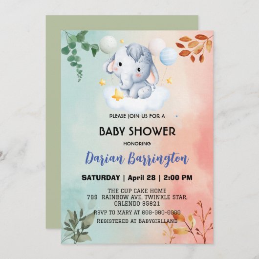 Niedliche Elefant Cam Blume Babydusche Jungs Einladung (Vorne/Hinten)