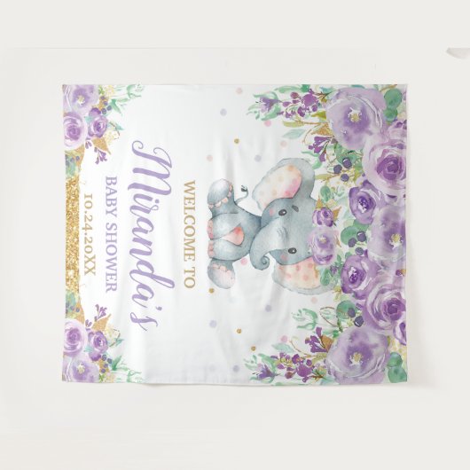 Niedliche Elefant Lila Floral Baby Dusche Willkomm Wandteppich (Vorderseite (Horizontal))