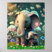 Niedliche Elefant-Mama und Kindergarten Blume Art Poster (Vorne)