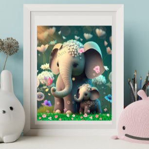 Niedliche Elefant-Mama und Kindergarten Blume Art Poster