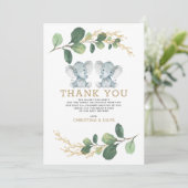 Niedliche Elefant Twins Greenery Gold Baby Dusche Dankeskarte (Stehend Vorderseite)