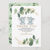 Niedliche Elefant Twins Greenery Gold Baby Dusche Dankeskarte (Vorne/Hinten)