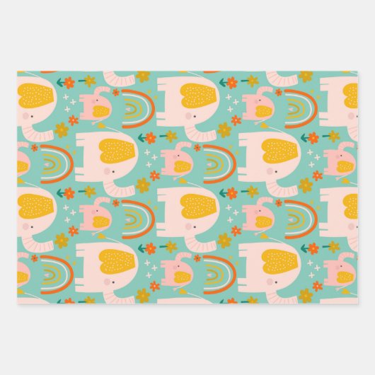 Niedliche Elefanten-Blume Blush-Minze Geschenkpapier Set (Vorderseite 2)
