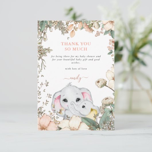 Niedliche Elefanten Foliage Coral Baby Dusche Dankeskarte (Stehend Vorderseite)