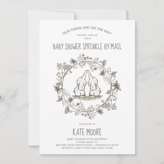 Niedliche Elefanten Twins Baby Shower Sprinkle per Einladung (Vorderseite)