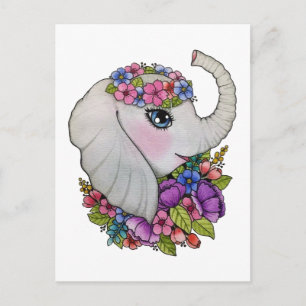 Niedliche Elefanten und wilde Blume in Aquarellfar Postkarte