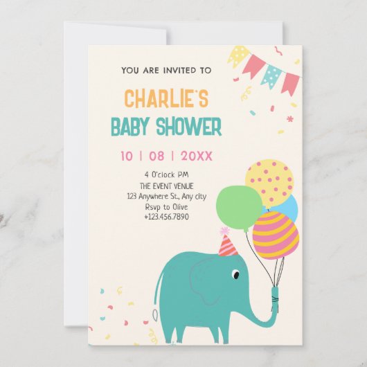 Niedliche Elefantenballons Babydusche Einladung (Vorderseite)