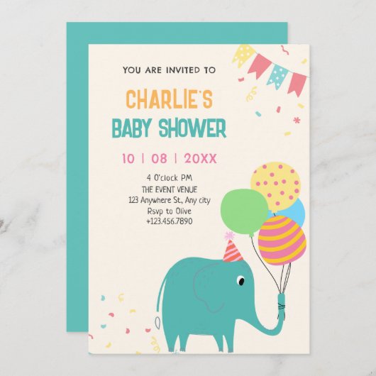Niedliche Elefantenballons Babydusche Einladung (Vorne/Hinten)