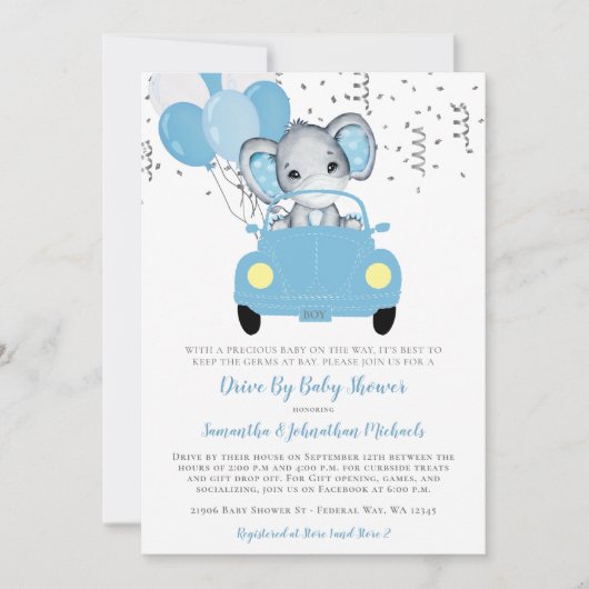 Niedliche Elefantenballons fahren mit Kinderdusche Einladung (Vorderseite)