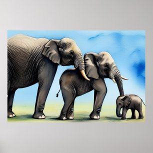 Niedliche Elefantenfamilie Wasserfarbe Poster