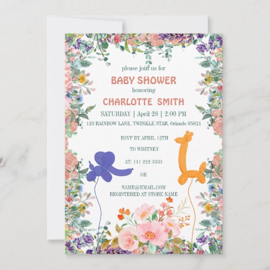 Niedliche Elefantengiraffe Ballon Blumenbaby-Dusch Einladung (Vorderseite)