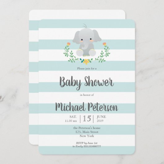 Niedliche Elefantenjungdusche Einladung (Vorne/Hinten)