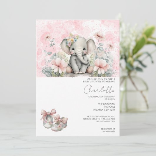 Niedliche Elefantenjungfrau mit Blume Babydusche Einladung (Stehend Vorderseite)