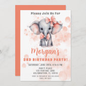 Niedliche Elefantenpartei Peach Geburtstag Einladung (Vorne/Hinten)