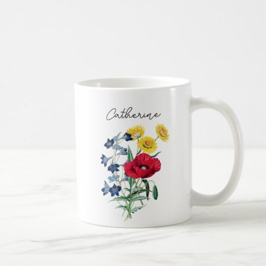 Niedliche Elegant Poppy Bluebells Daisy Blume Name Kaffeetasse (Rechts)