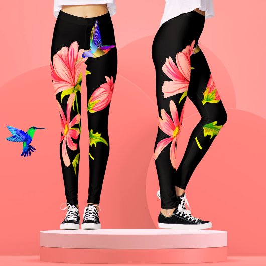 Niedliche Elegantin Girly Black Pink Floral Hummin Leggings