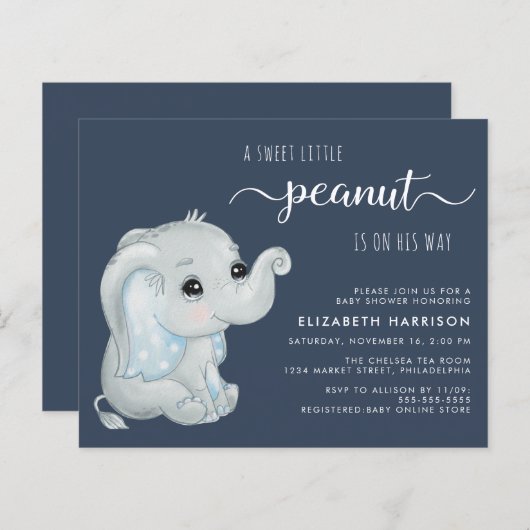 Niedliche Elephant Baby Boy Dusche Einladung (Vorne/Hinten)