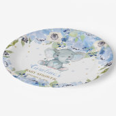 Niedliche Elephant Baby Dusche Blue Floral Pappteller (Schrägansicht)