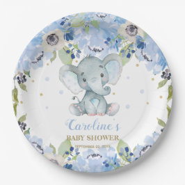 Niedliche Elephant Baby Dusche Blue Floral Pappteller
