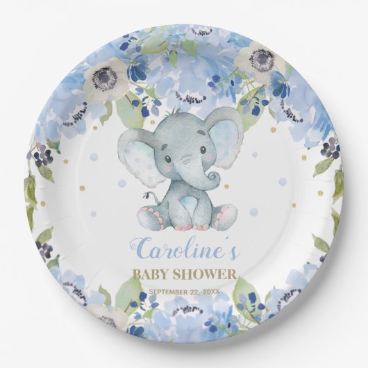 Niedliche Elephant Baby Dusche Blue Floral Pappteller (Vorderseite)