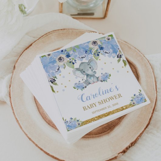 Niedliche Elephant Baby Dusche Blue Floral Serviette