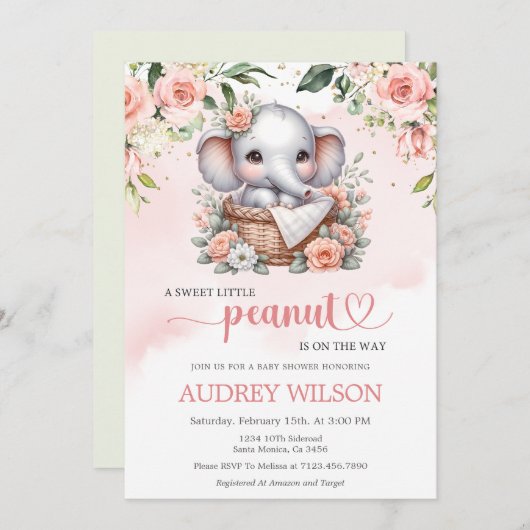 Niedliche Elephant Baby Girl Babydusche Einladung (Vorne/Hinten)